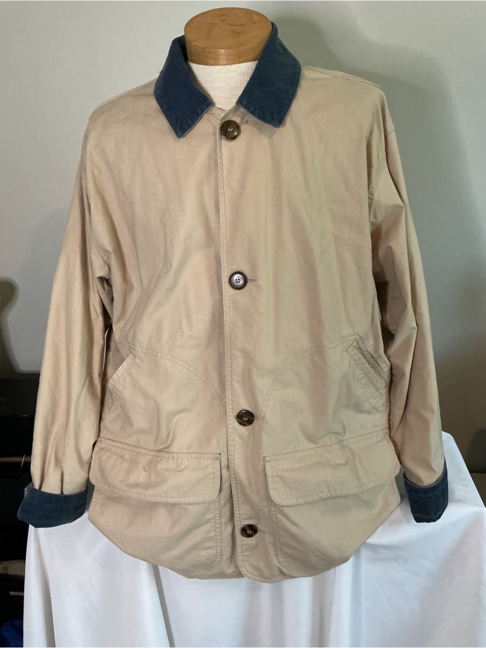 Men's Beige Lightweight Field Jacket with Navy Corduroy Collar